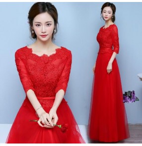 Red lace appliques middle long sleeves round neck A line pleated women's ladies female mother of brides bridesmaid evening party wedding dresses gown vestidos
